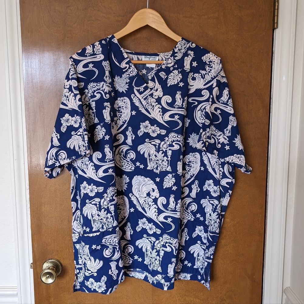 Vintage Uniforms Hawaii Tropical Blue Surfer Hula Girl V-neck Short Sleeve Shirt
